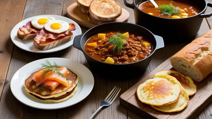 Feinkost Kaisen - Übersicht über deftige Speisen wie Kartoffelpuffer, Strammer Max, Gulaschsuppe und Tomatensuppe